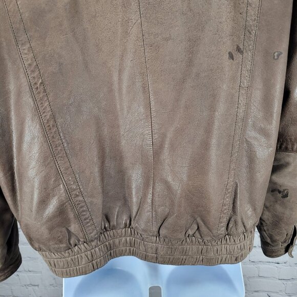 VTG Aggio Brown Genuine Soft Leather Full Zip Snap Pockets Bomber Jacket Large L - Picture 15 of 16